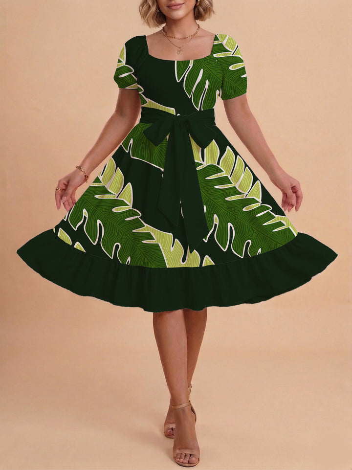 Women A-line dress with floral motifs and adjustable belt Lisslune