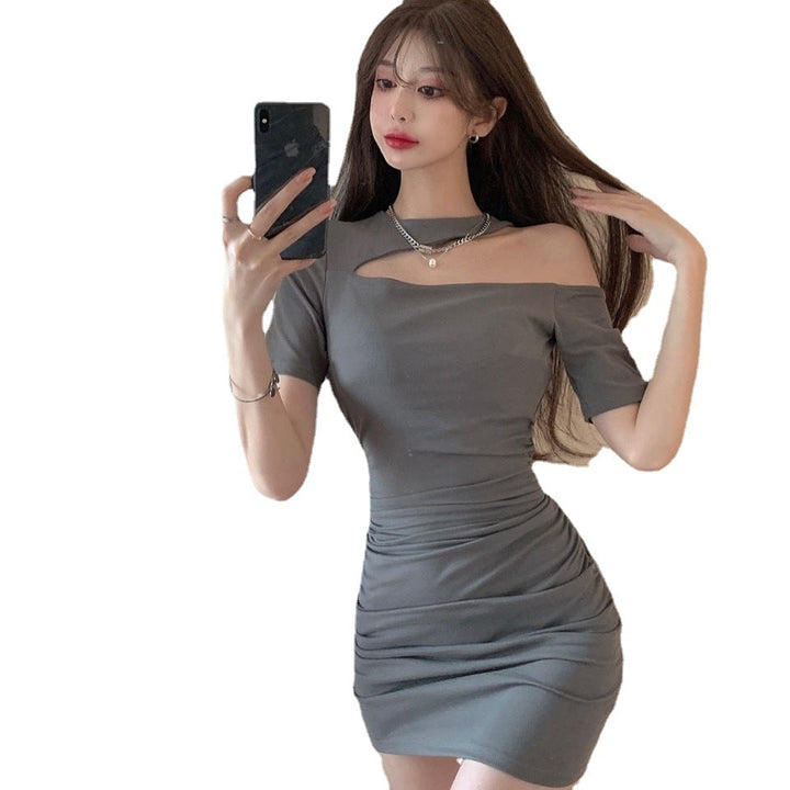 Women's fitted mini dress with asymmetric neckline and ruffle details