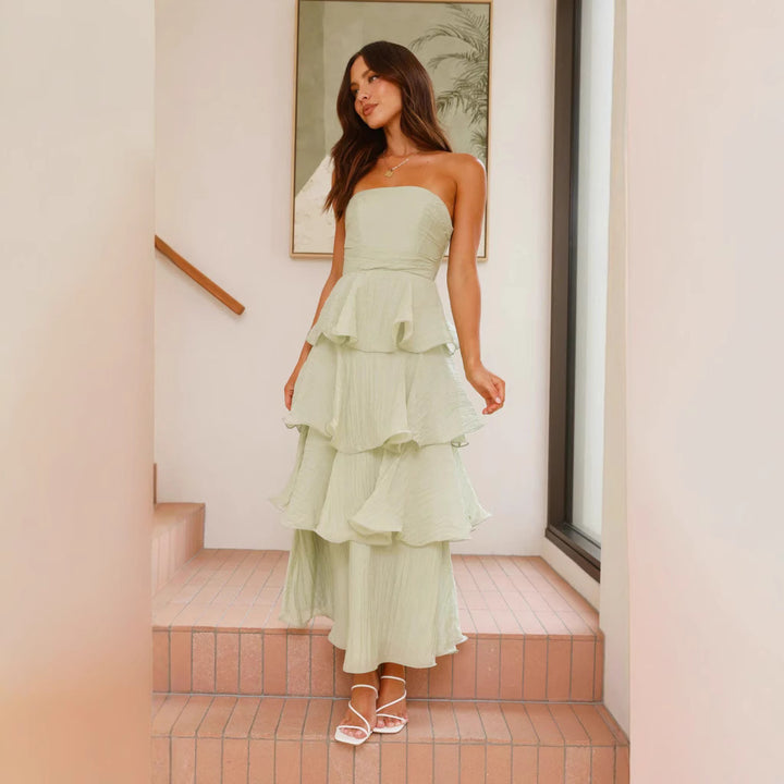 Women’s maxi dress with voluminous ruffles and off-the-shoulder design Lune London