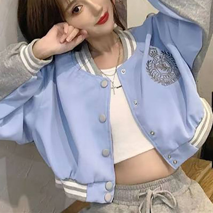 Women's casual college jacket with embroidered logo and contrasting sleeves