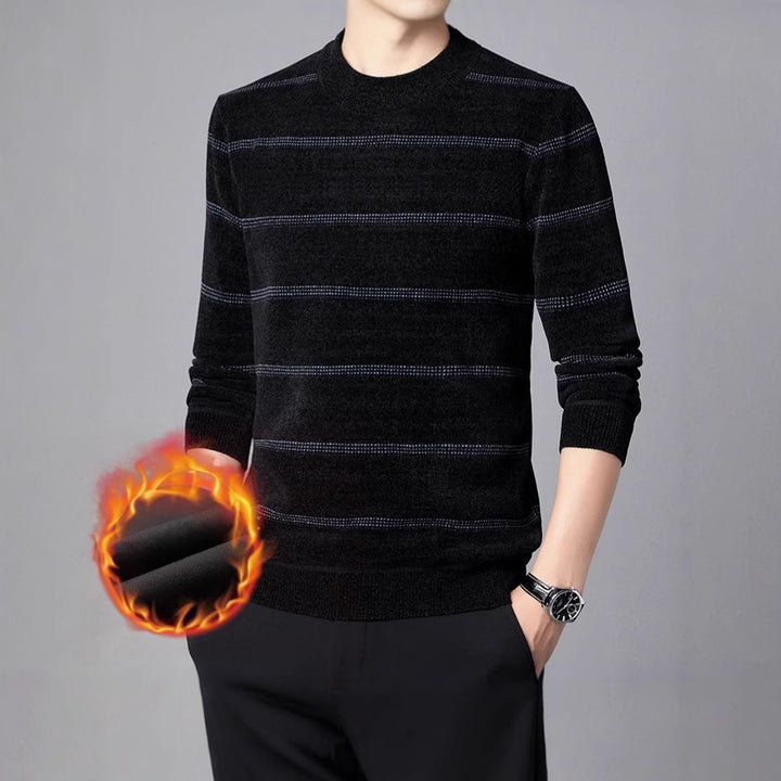 Men's elegant crew neck sweater with fine stripe pattern and warming inner lining Lisslune
