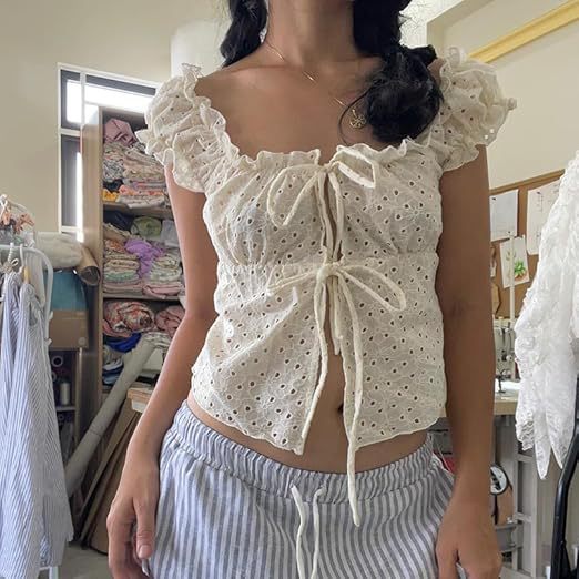 Damen Rüschenshirt mit tiefer Taille und Bindebändern Lisslune