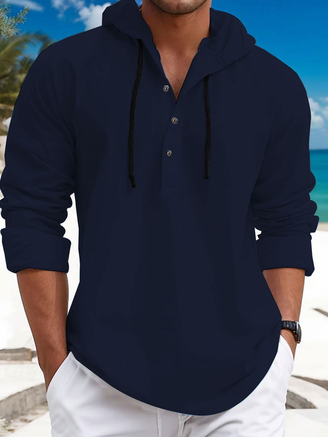 Men's hoodie with button placket and breathable fabric Lisslune