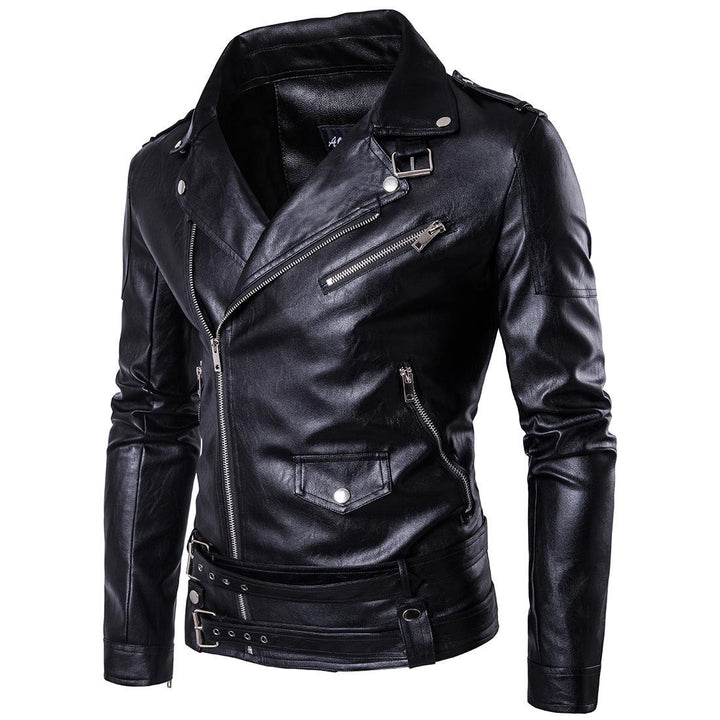 Men's biker jacket made of high-quality leather with an asymmetrical zipper and decorative buckles Lisslune