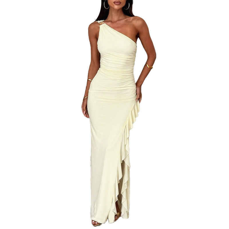 Women's elegant asymmetrical maxi dress with ruffles and fitted silhouette Lune London