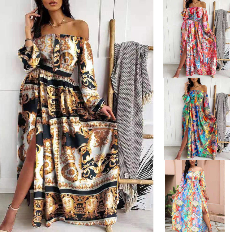 Women's maxi dress with open shoulder design and elaborate baroque pattern Lisslune