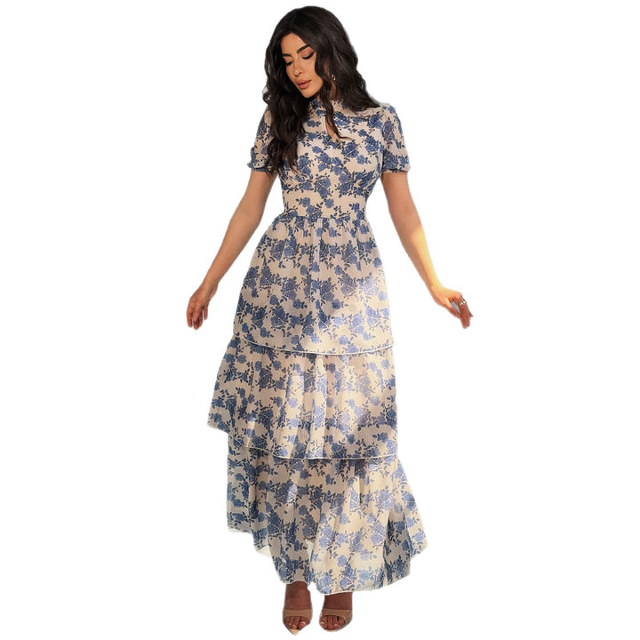 Ladies floral dress with stylish stand-up collar and translucent sleeves