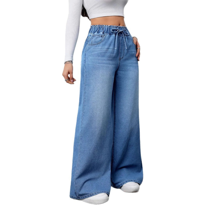 Women's Wide Cut Denim Pants with Elastic Waistband and Practical Pockets