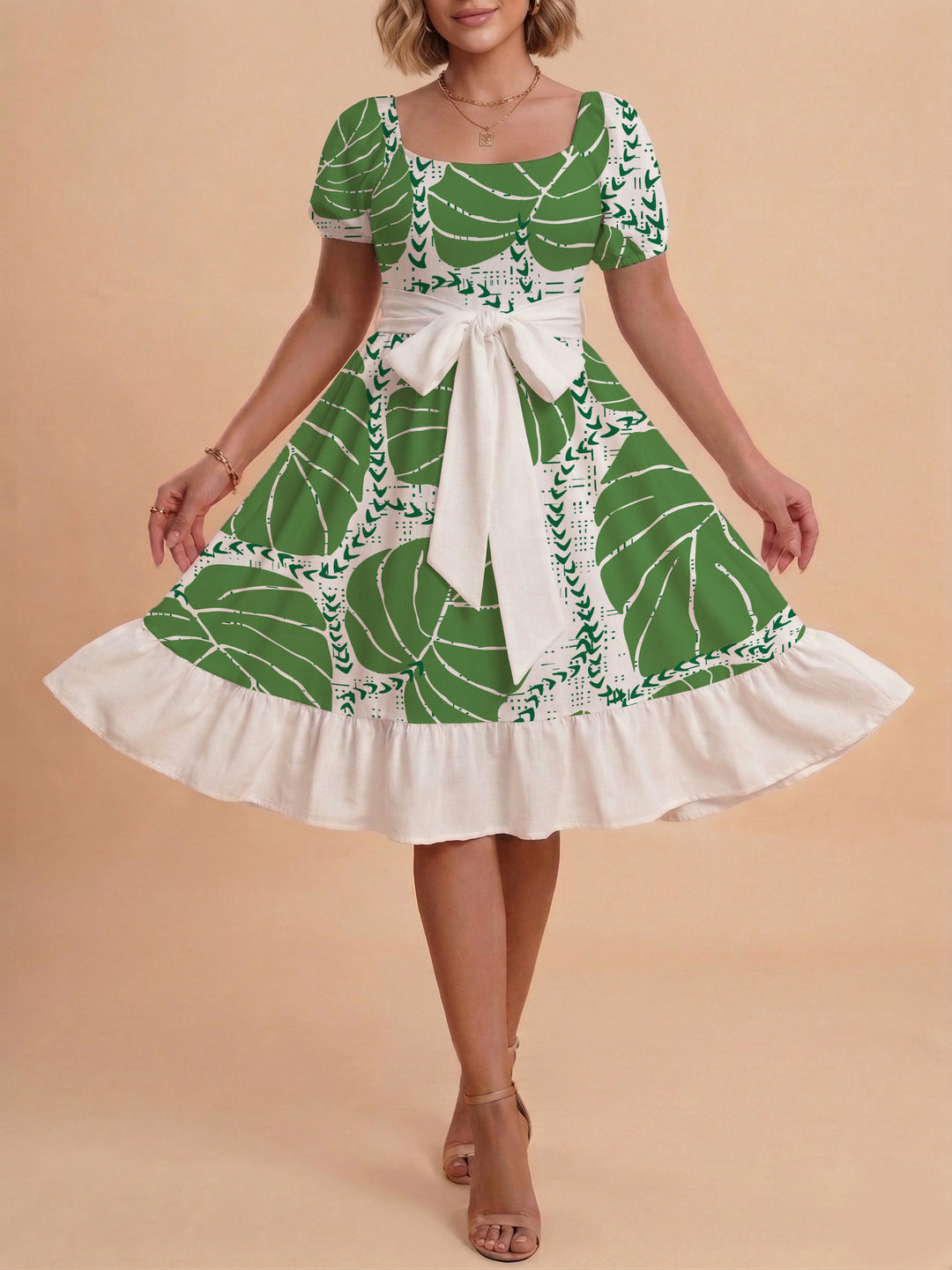 Women A-line dress with floral motifs and adjustable belt Lisslune