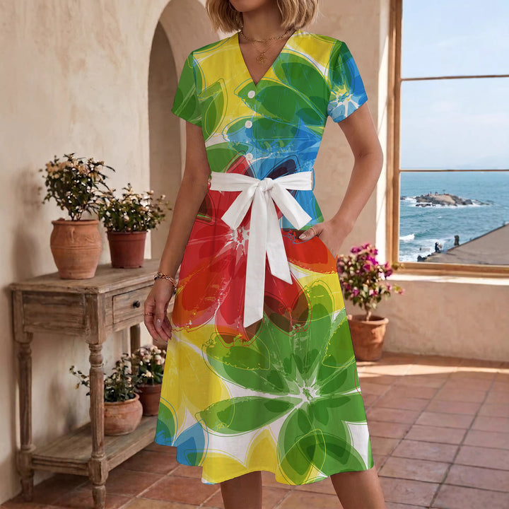 Women’s midi dress with colorful floral design and adjustable tie belt Lisslune