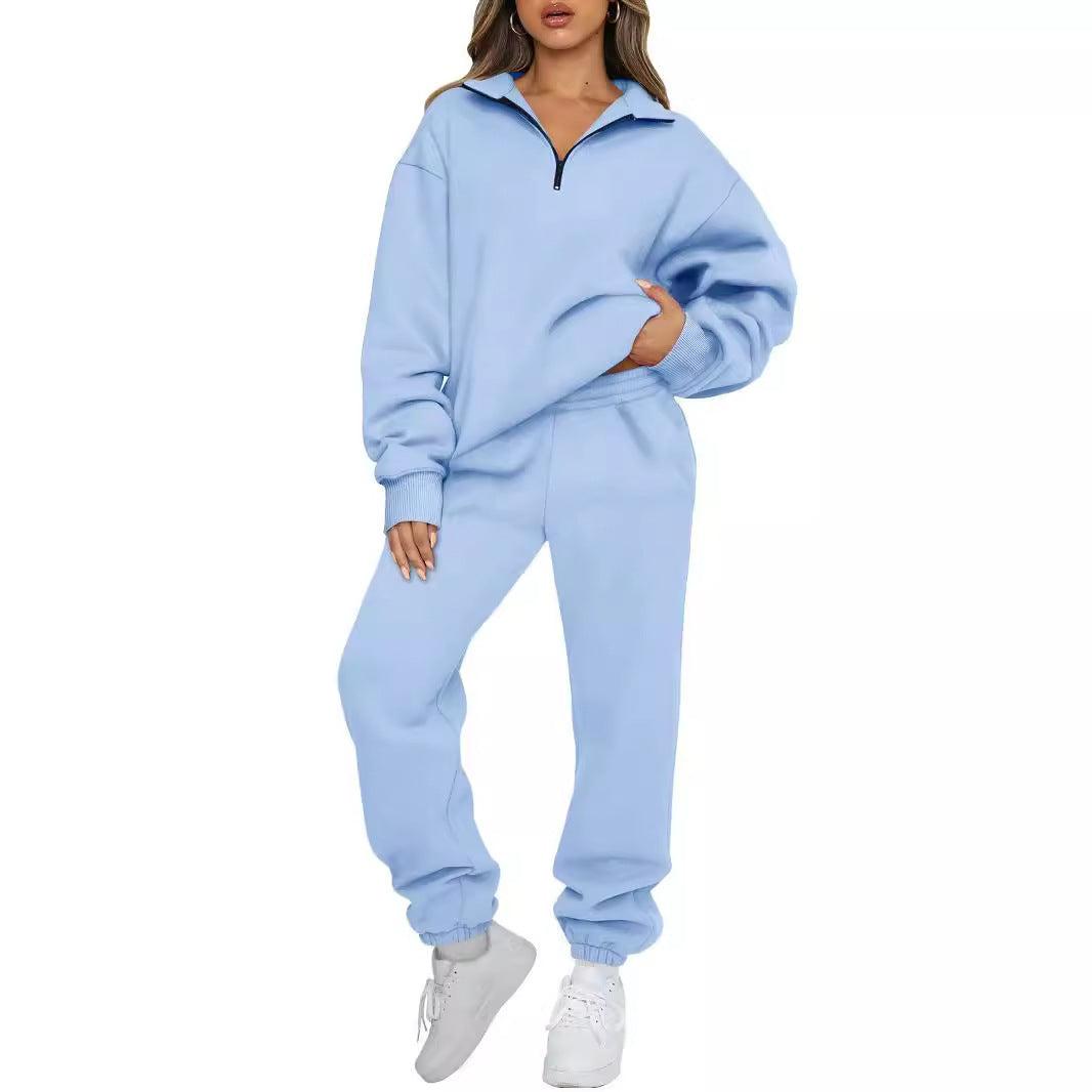 Women's comfortable sweatpants set with modern stand-up collar and kangaroo pocket Lisslune