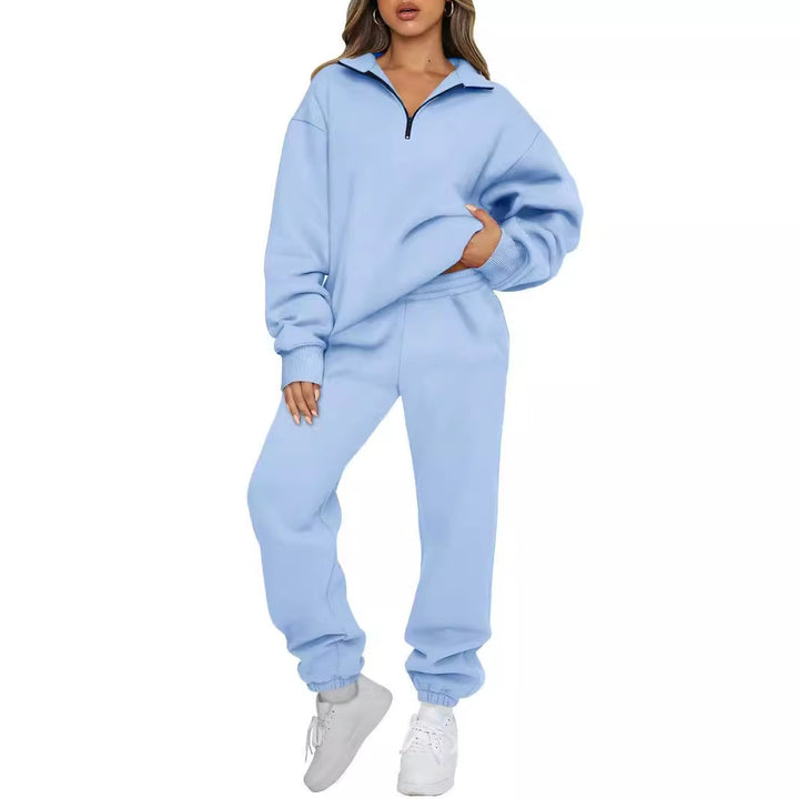 Women's comfortable sweatpants set with modern stand-up collar and kangaroo pocket Lisslune