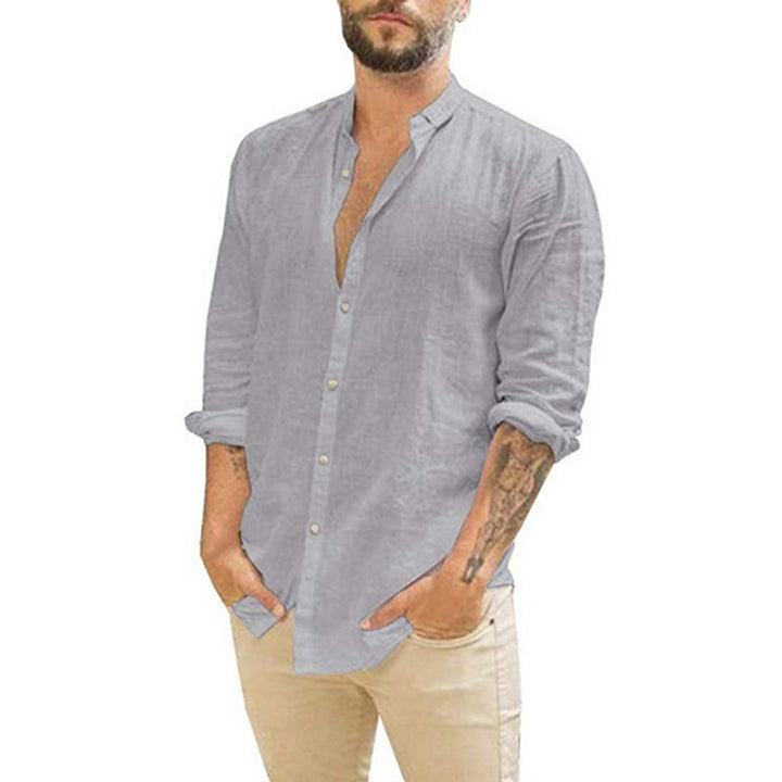 Men's Long Sleeve Shirt with Modern Stand-Up Collar and Textured Design Lisslune