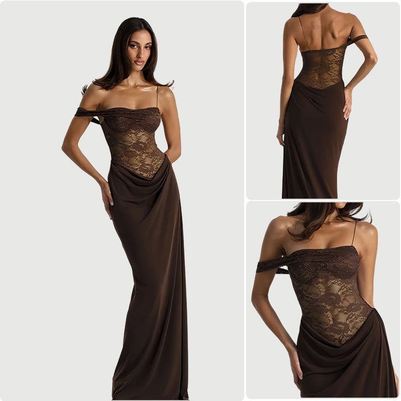 Ladies evening dress with off-shoulder lace top and flowing skirt Lisslune