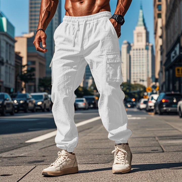 Men's cargo pants made of breathable linen blend with elastic waistband and practical side pockets Lisslune