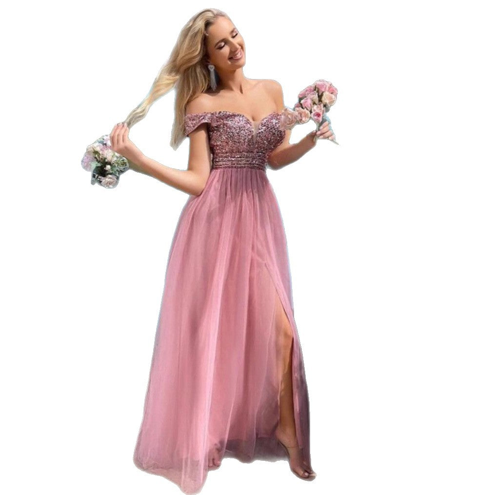 Women's Elegant Evening Dress with Off-Shoulder Look and Sparkling Embellishments