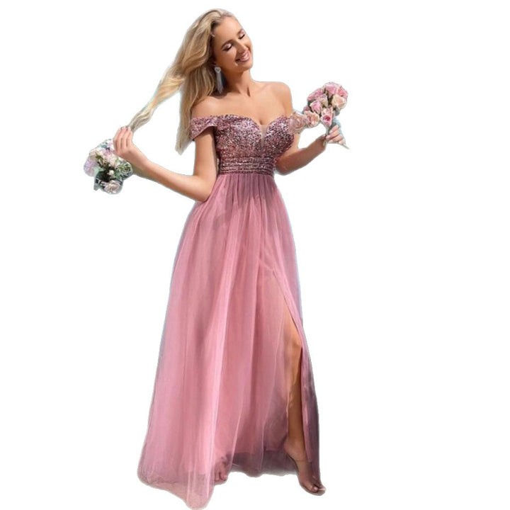 Women's Elegant Evening Dress with Off-Shoulder Look and Sparkling Embellishments