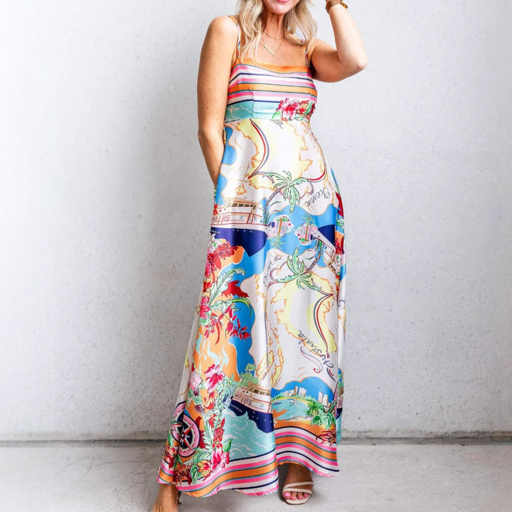 Women's Summer Maxi Dress with Eye-catching Graphic Design and Spaghetti Straps