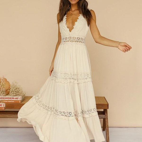 Women's elegant maxi dress with lace accents and low back part