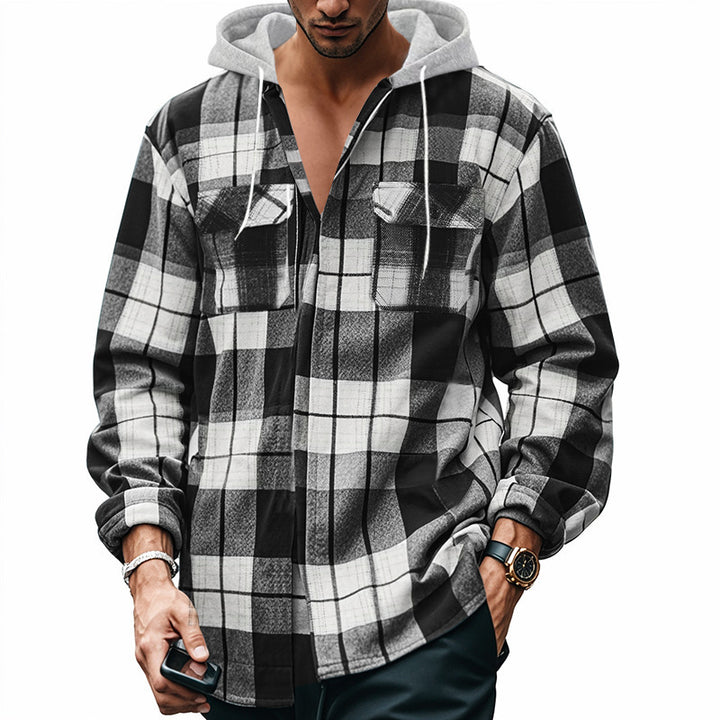 Men's Checked Flannel Jacket with Hoodie and Two Chest Pockets Lisslune