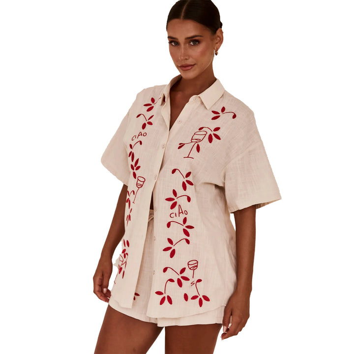Women's Airy Short Sleeve Shirt and Shorts Set with Floral Embroidery Design Lune London