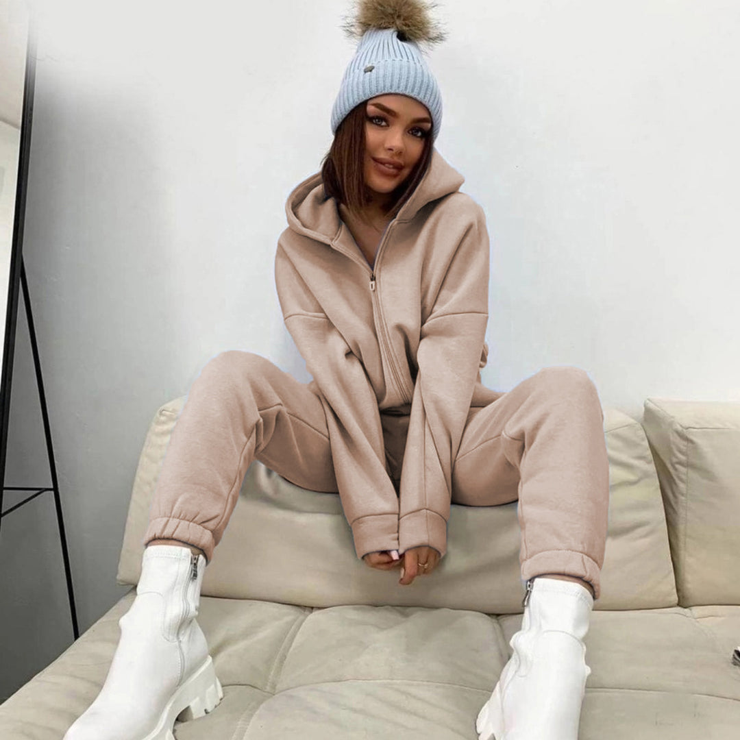 Women's sporty fleece jumpsuit with hood and zipper Lisslune