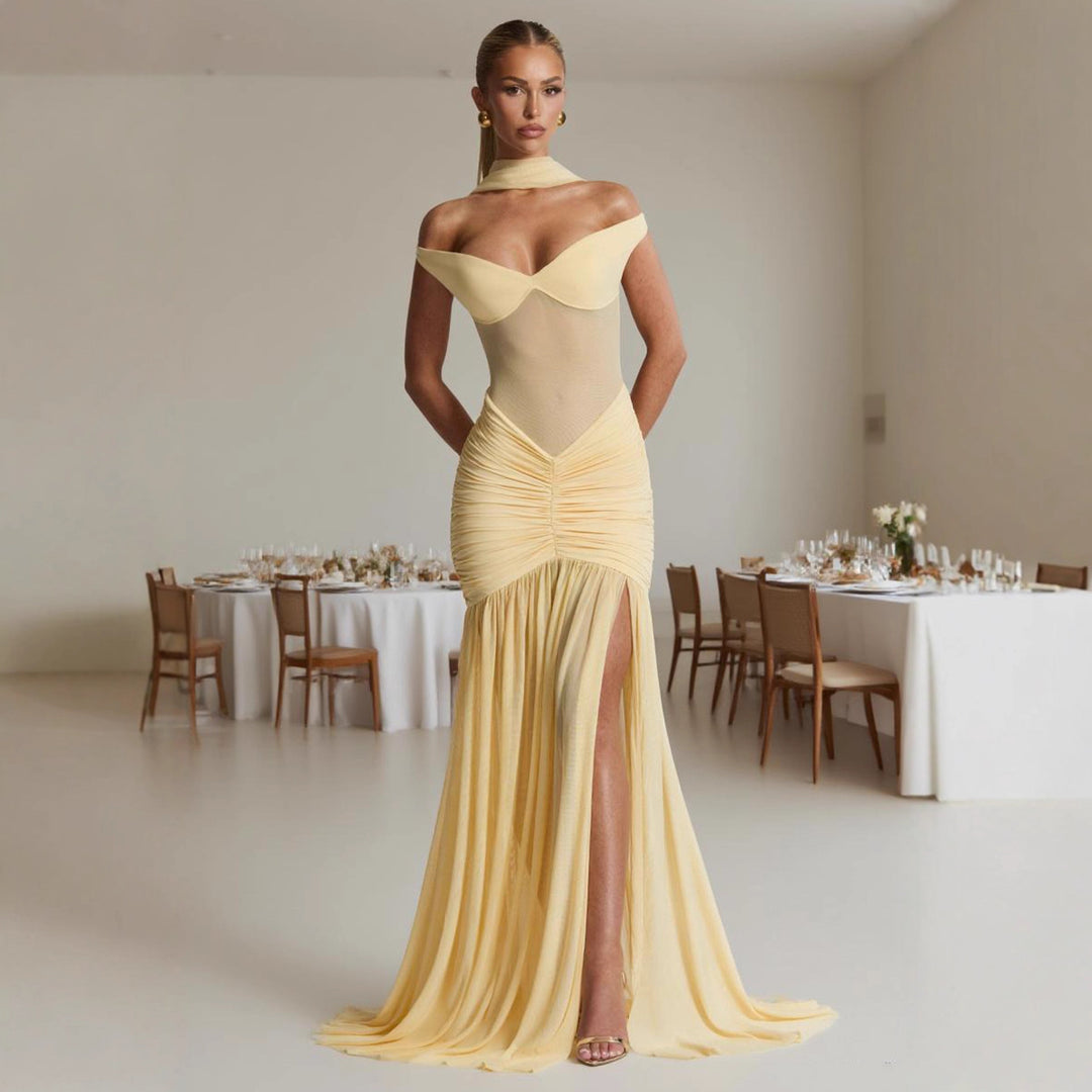 Women's figure-hugging evening dress with off-the-shoulder design and side slit Lisslune