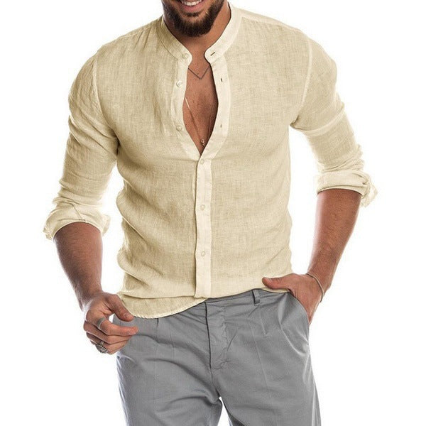 Men's linen shirt with modern stand-up collar and classic button detail Lisslune