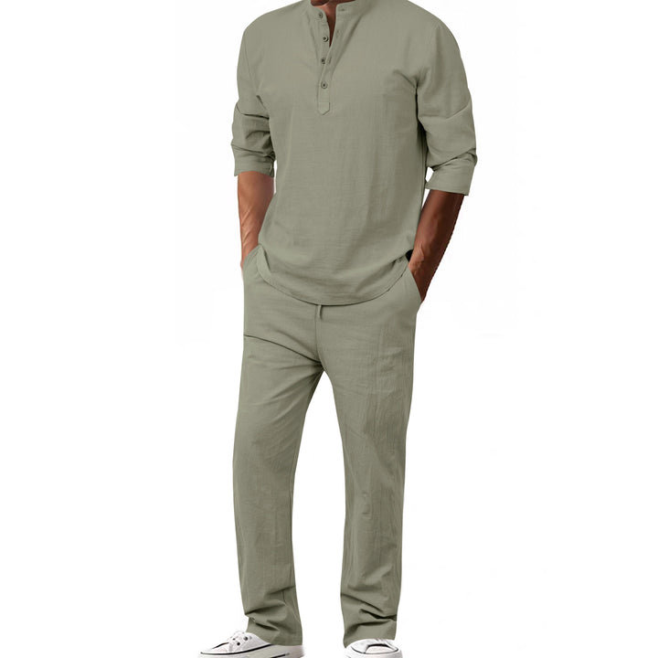 Men's modern leisure suit set with innovative button placket design and breathable properties Lisslune