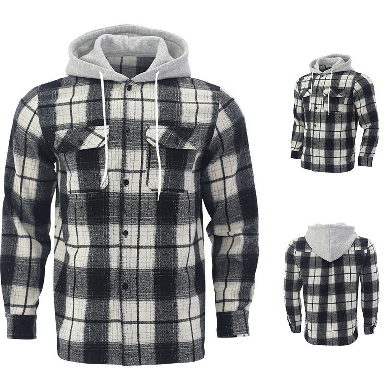 Men's Checked Flannel Jacket with Hoodie and Two Chest Pockets Lisslune