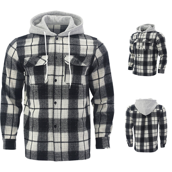 Men's Checked Flannel Jacket with Hoodie and Two Chest Pockets Lisslune