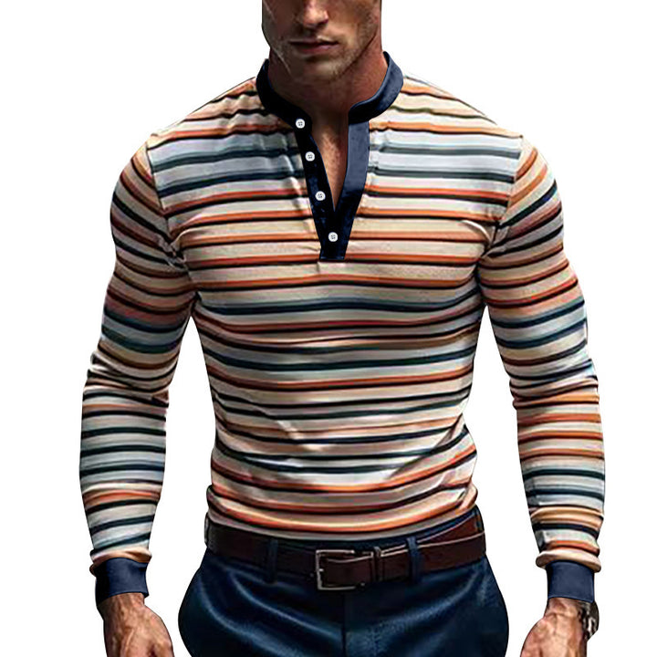 Men's Long Sleeve Shirt with Textured Striped Pattern and Sporty Collar Lisslune
