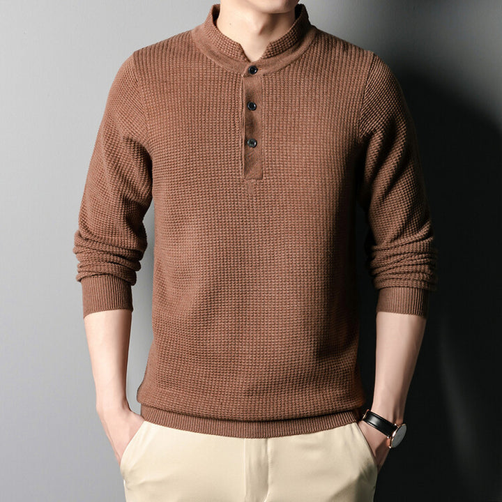 Men's Structured Long Sleeve Sweater with Button Placket Lisslune