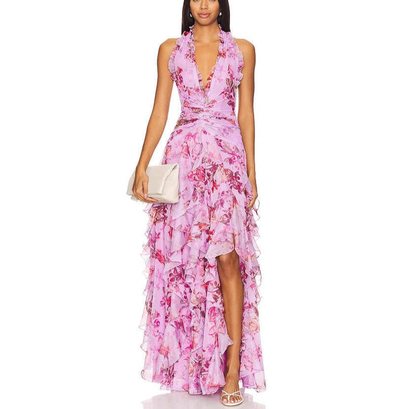 Women's Romantic Maxi Party Dress with Voluminous Ruffle Details