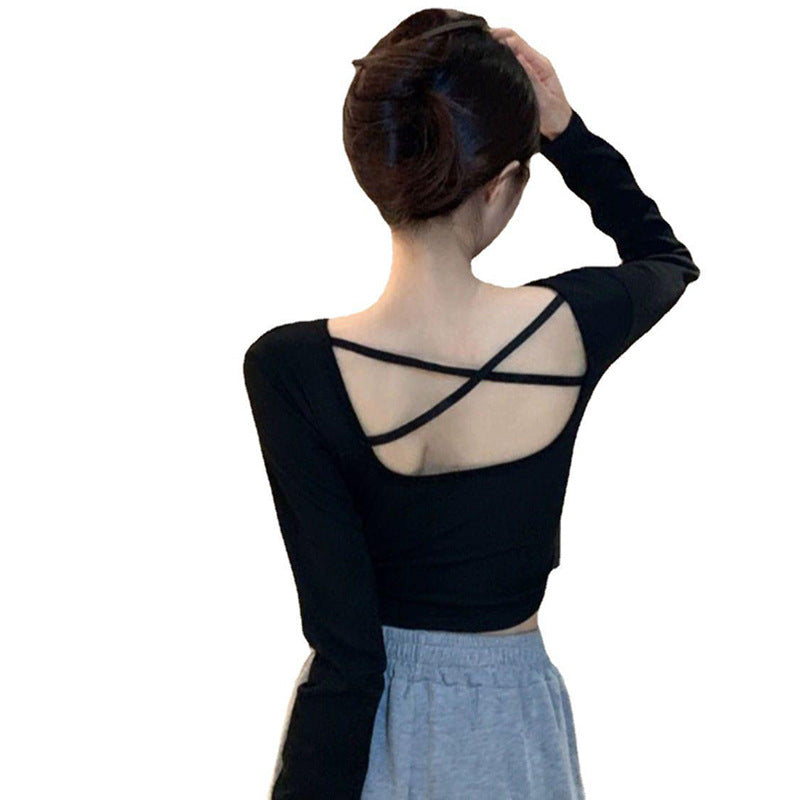 Women's long-sleeved crop top with criss-cross back and elegant V-neck