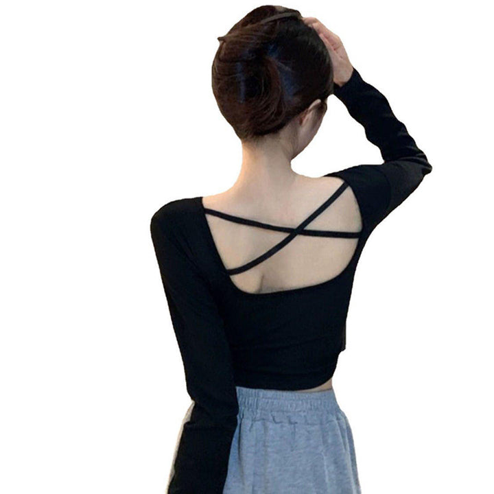 Women's long-sleeved crop top with criss-cross back and elegant V-neck