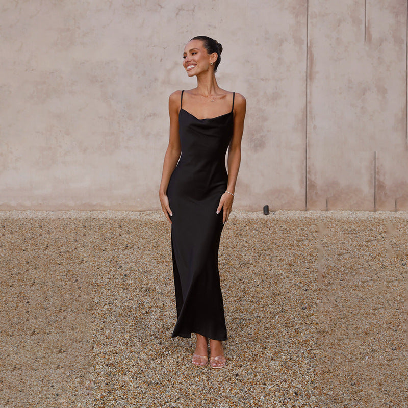 Women's Elegant, flowing maxi dress made of high-quality satin with spaghetti straps