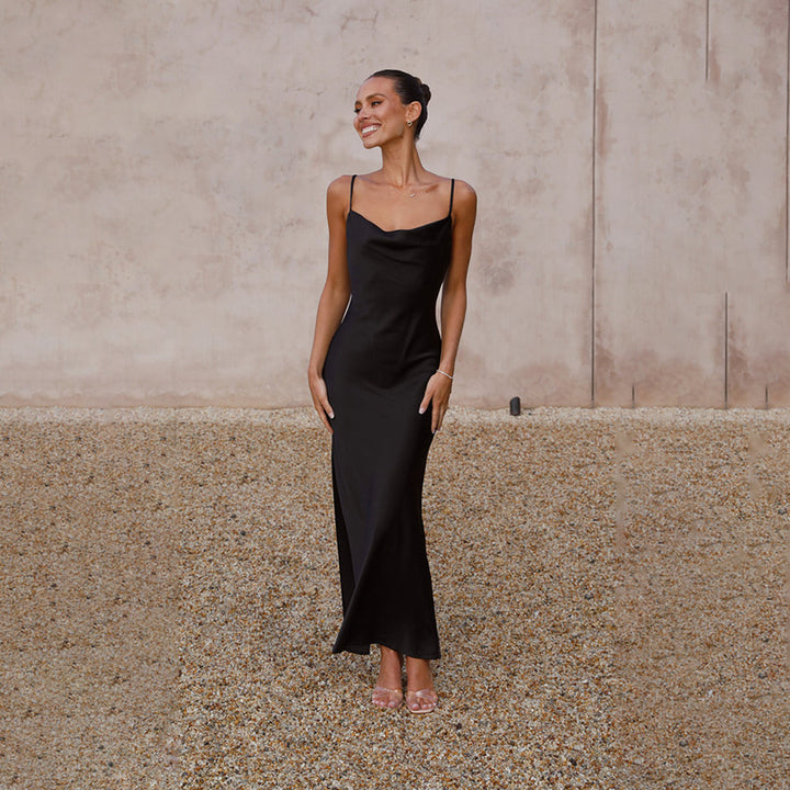 Women's Elegant, flowing maxi dress made of high-quality satin with spaghetti straps
