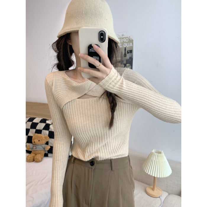 Women's long sleeve shirt with open shoulder area and rib knit pattern Lisslune