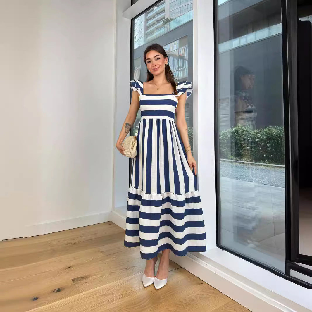 Ladies Maxi Dress with Playful Striped Pattern and Ruffle Details Lune London