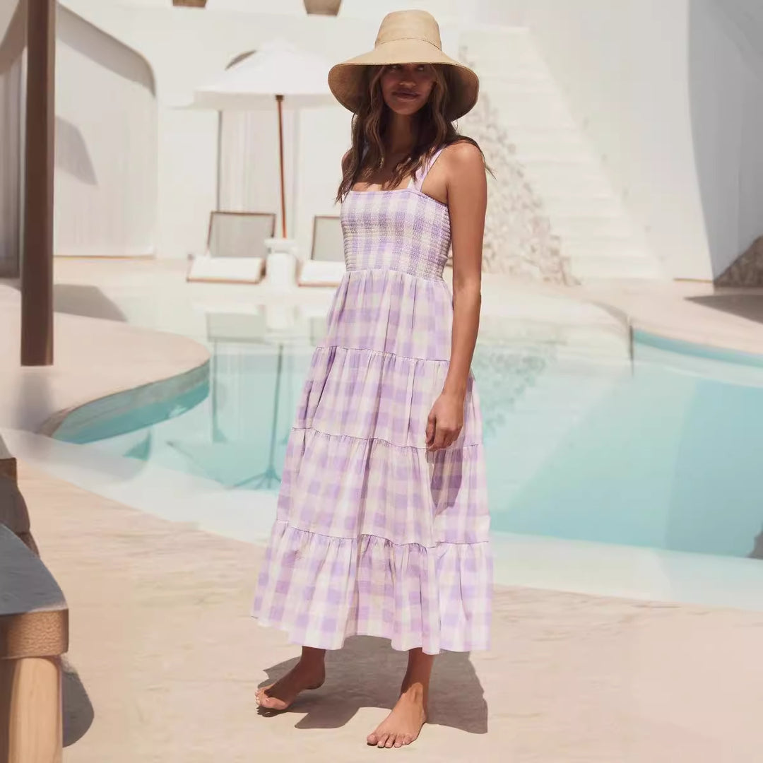 Ladies Summer Maxi Dress with Checked Design and Straps Lisslune