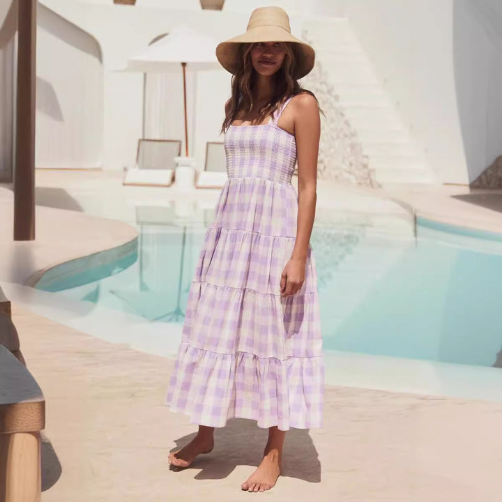 Ladies Summer Maxi Dress with Checked Design and Straps Lisslune