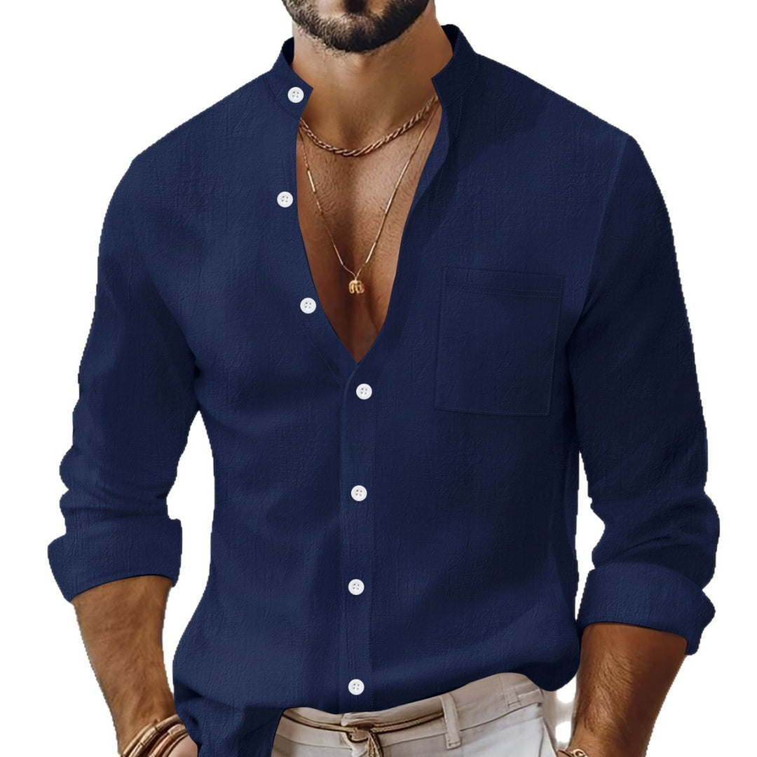 Men's summer long-sleeve shirt with a modern stand-up collar and practical breast pocket Lisslune
