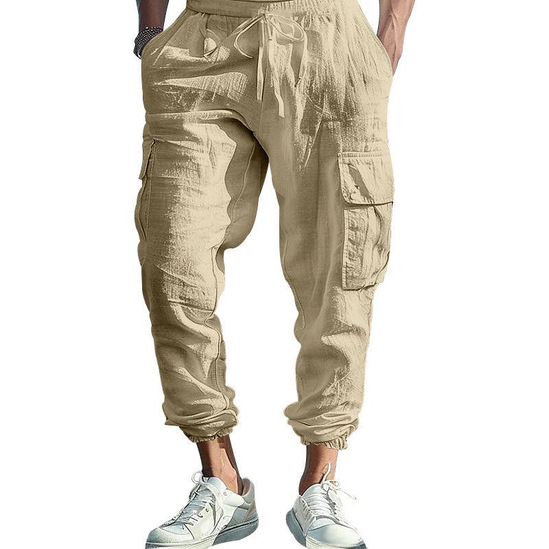 Men's comfortable cargo pants made of lightweight linen material with elastic waistband and practical side pockets Lisslune
