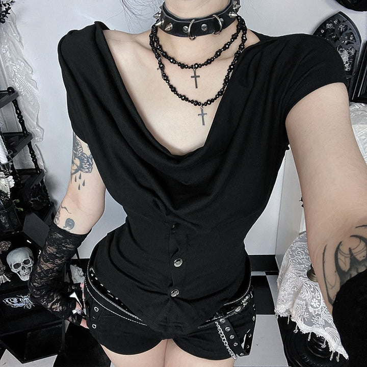 Ladies fitted drape shirt with elegant button design and asymmetrical hem Lune London
