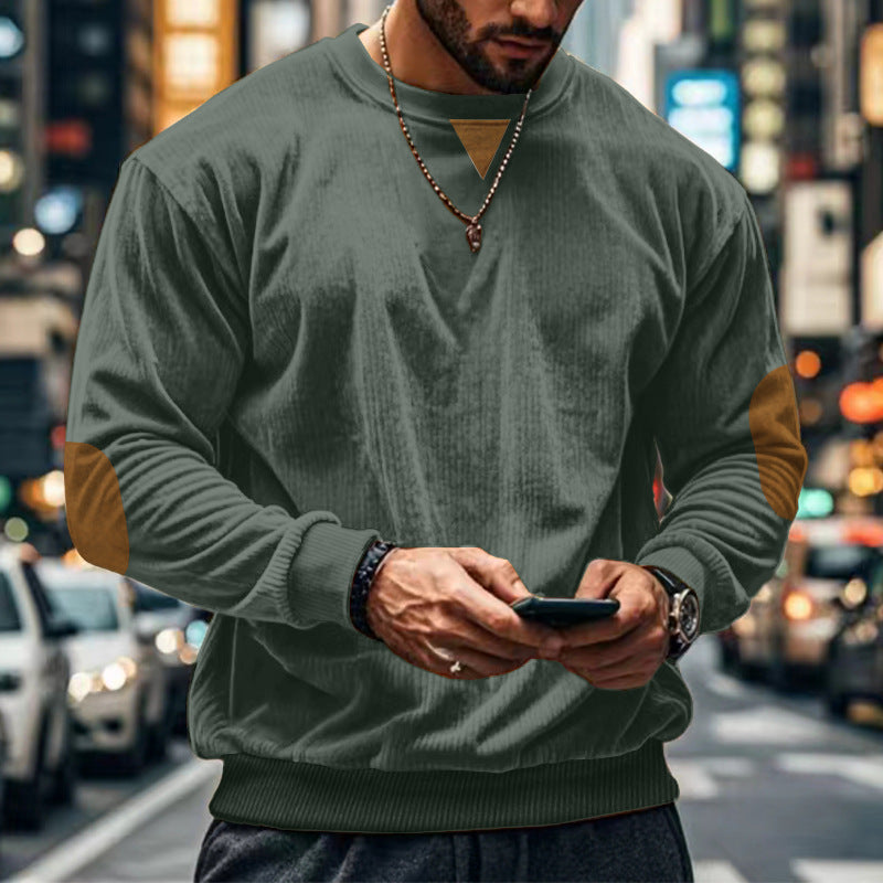 Men's comfortable round neck sweater with elbow patches Lisslune