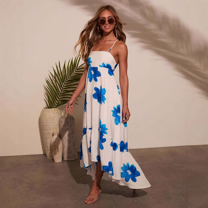 Ladies maxi dress with decorative floral patterns and elegant ruffle trim Lisslune