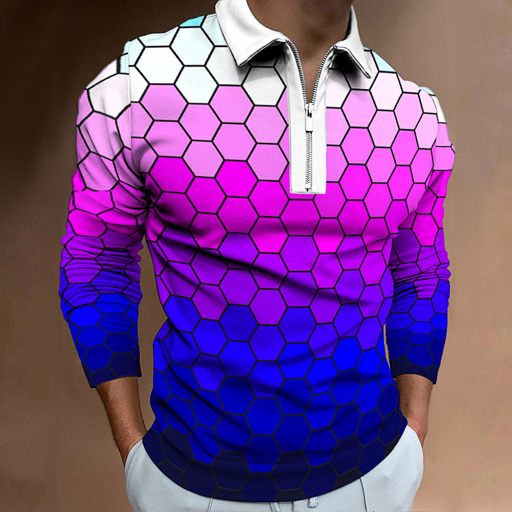 Men's polo shirt with modern honeycomb pattern and contrasting zipper Lisslune