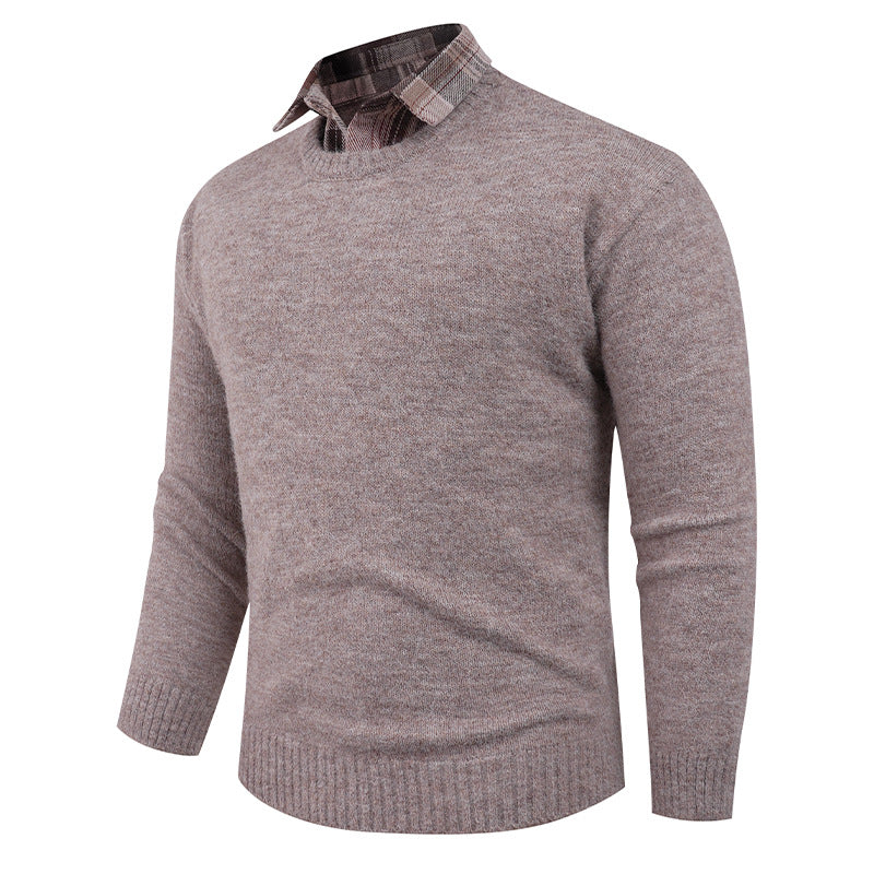 Men's Fine Crew Neck Sweater with Integrated Shirt Collar Lisslune