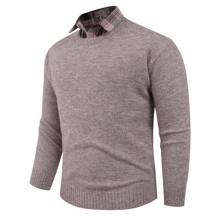 Men's Fine Crew Neck Sweater with Integrated Shirt Collar Lisslune